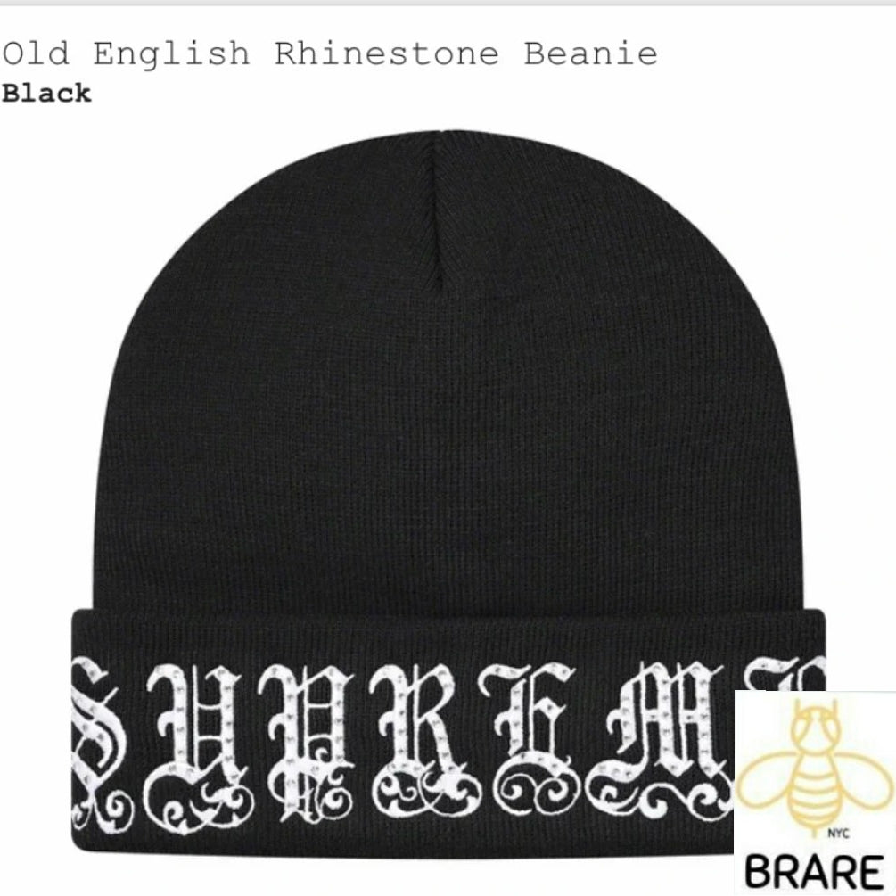 Supreme Old English Rhinestone Black Beanie – BRare NYC