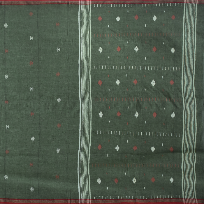 Grey-Green Jamdani Cotton Saree with Red and White Motifs