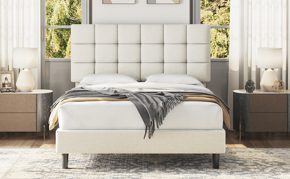 Yaheetech Upholstered Bed Frame, Beige