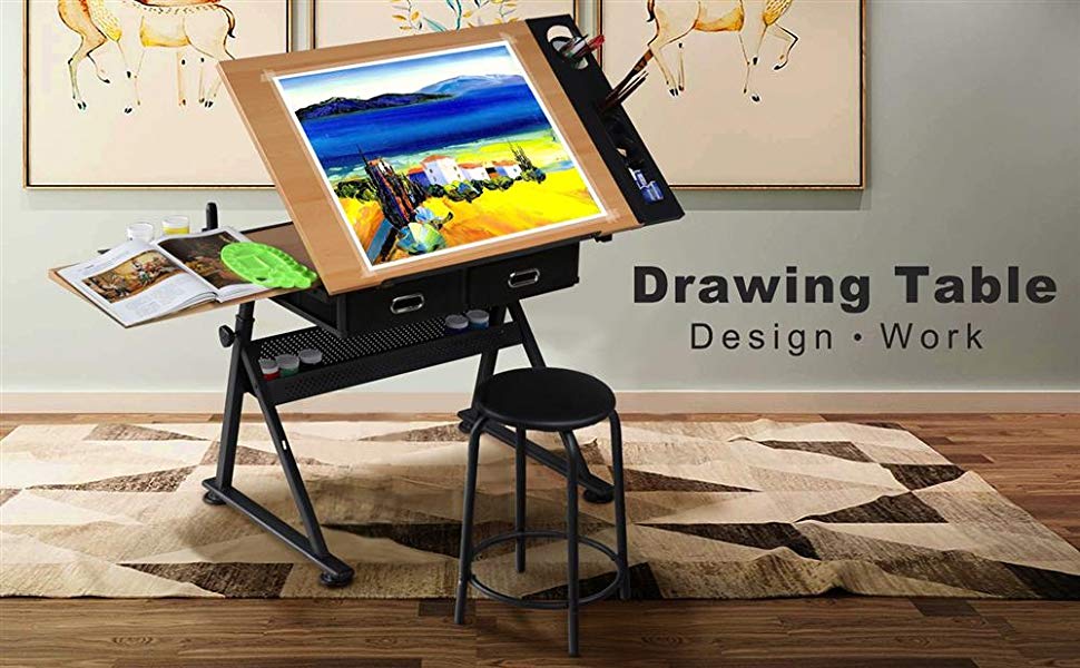 Yaheetech Drafting Table w/Stool Height Adjustable Multifunctional Art  Craft Artists Desk Tilting Glass Tabletop Diamond Paintings Work Station  w/2 Storage Draw…