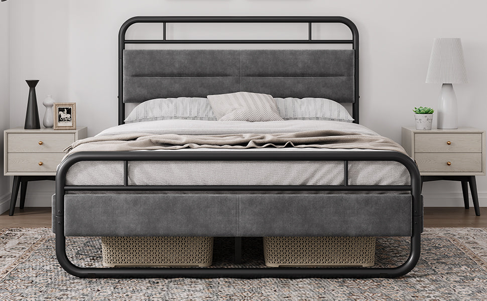 Full Size Metal Platform Bed with Upholstered Headboard