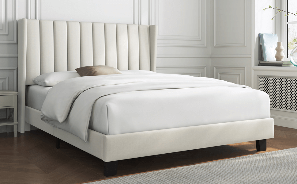 Yaheetech Upholstered Bed Frame with Wing Side