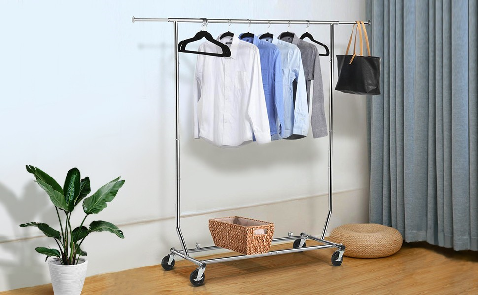 Commercial Grade Clothing Garment Rack, Single Rod Adjustable Garment Rack on Wheels for Hanging Clothes
