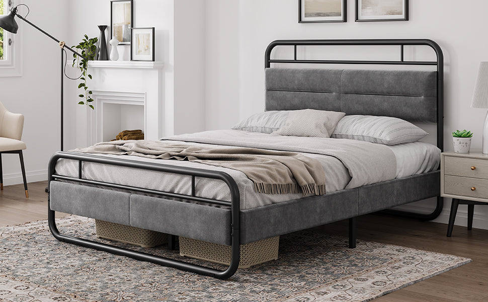 Full Size Metal Platform Bed with Upholstered Headboard