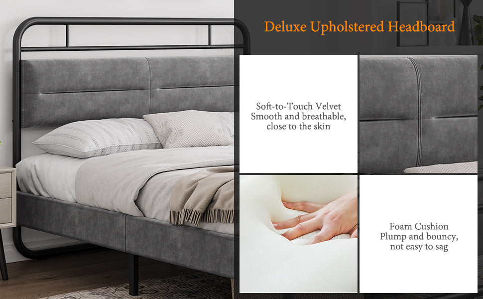 Queen Size Metal Platform Bed with Upholstered Headboard