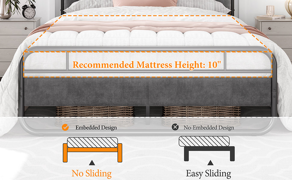 Queen Size Metal Platform Bed with Upholstered Headboard