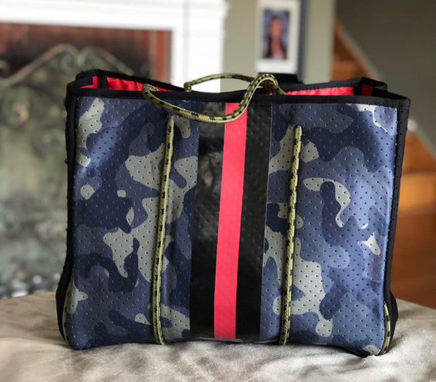 Green Camo with Neon Orange/Lavender Stripe Neoprene Tote bag