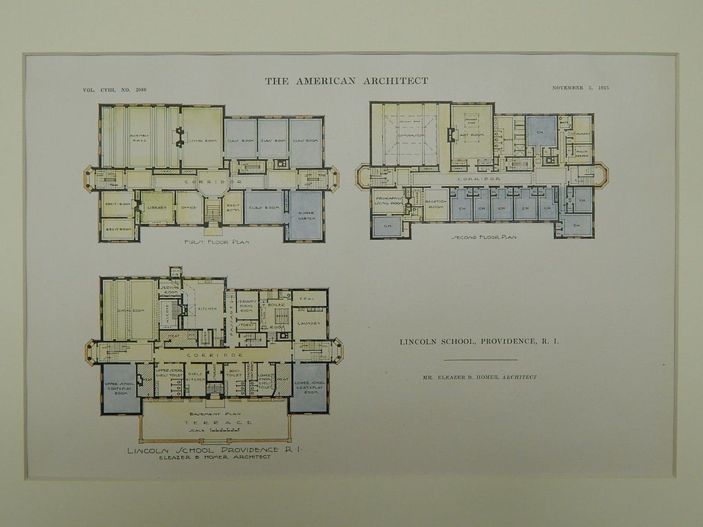 Floor Plans of the Lincoln School in Providence RI, 1915