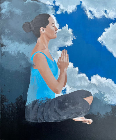 Woman meditating in clouds, dark clouds behind, light radiating in front