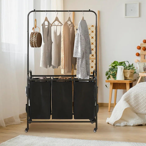 Laundry Hamper With Hanging Rack - Laundry Cart With 3 Basket