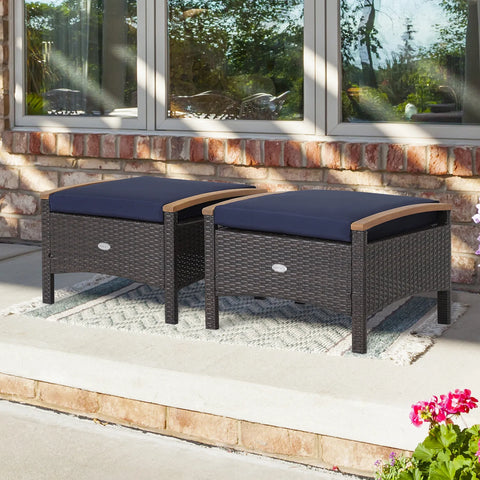 Ottoman - Set of 2 Rattan Outdoor Ottoman With Cushions