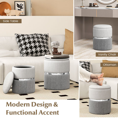 Storage Ottoman - Set of 2 Round Ottoman With Linen Surface