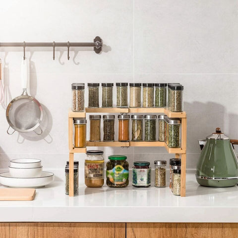 Spice Rack - 2 Tier Natural Bamboo Spice Rack Organizer