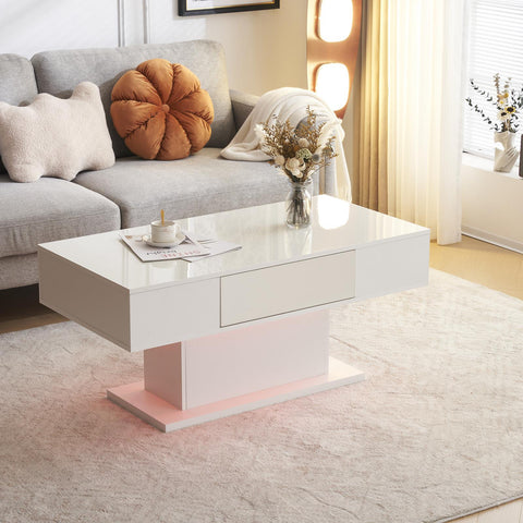 Coffee Table - White Coffee Table With Storage and LED Lights