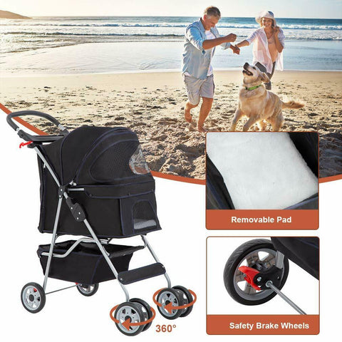 Dog Stroller - 4 Wheel Pet Stroller - Folding Travel Pet Cart