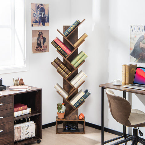 Bookshelf with Drawer - Rustic Brown 10 Tier Bookcase