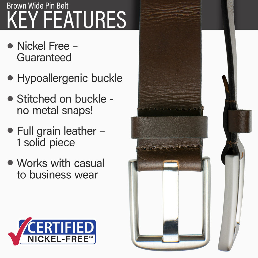 Titanium Wide Pin Brown Leather Belt by Nickel Smart® | Work Belt