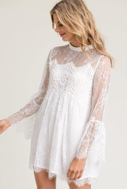 white lace bell sleeve dress