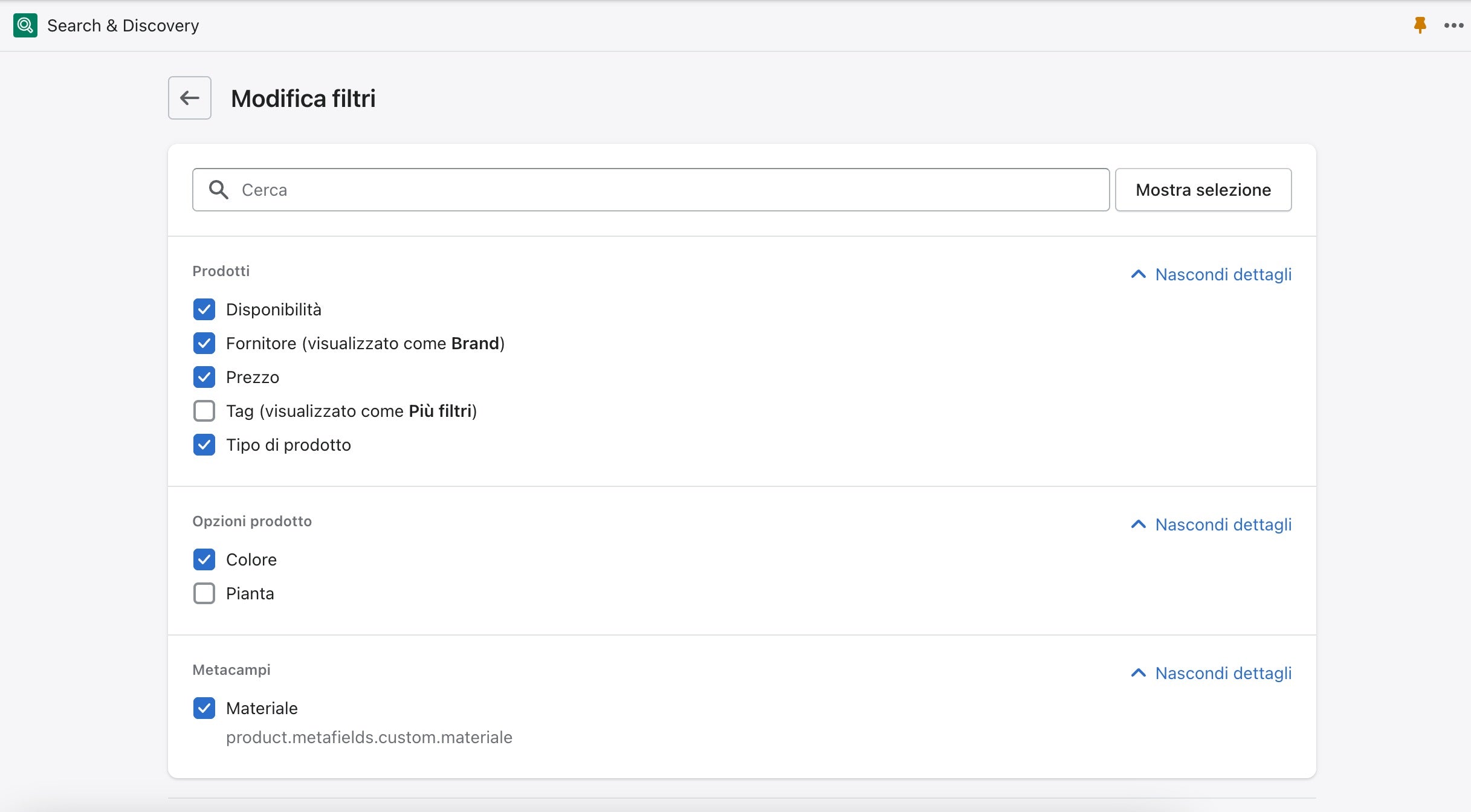 Search & Discovery · Shopify filtri