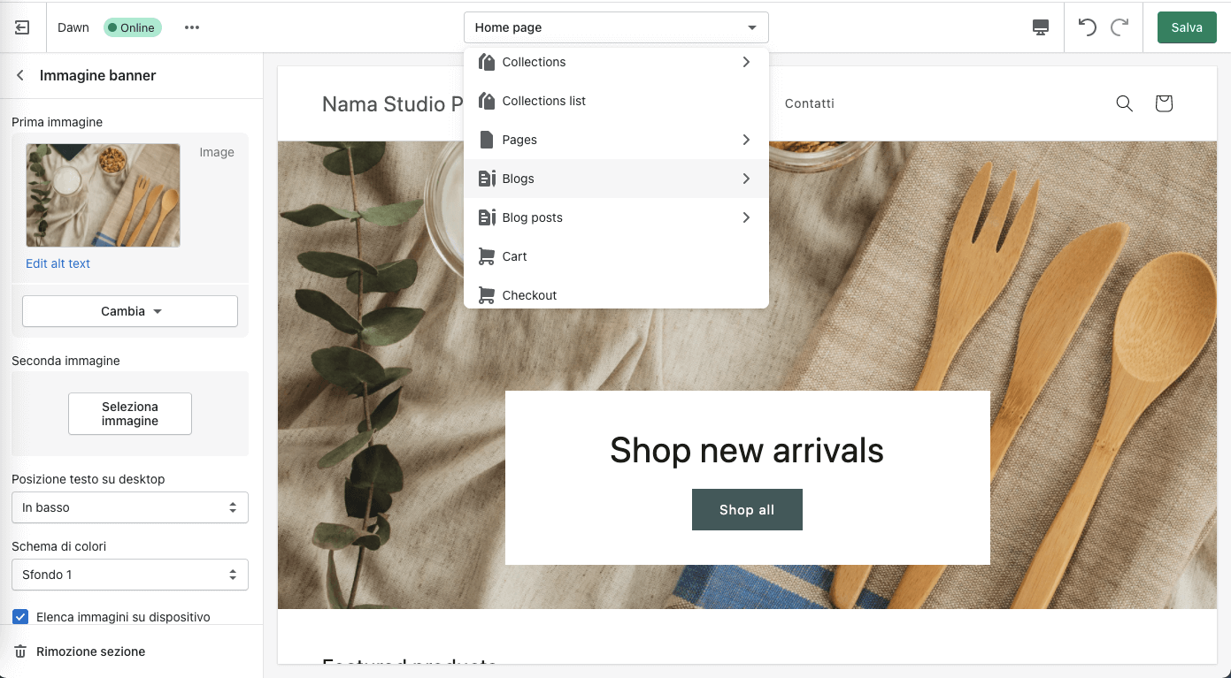 Shopify store 2.0: a screenshot from the new theme editor