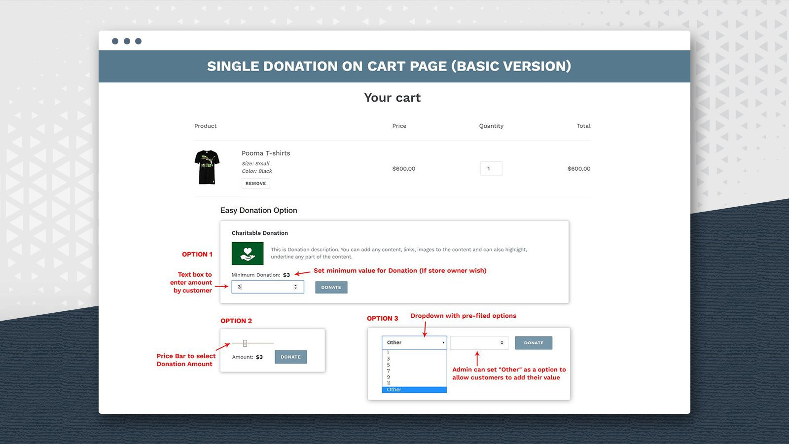 Esempio di come Easy Donation può essere integrato al checkout tramite menù a tendina, barra di selezione o importo scritto