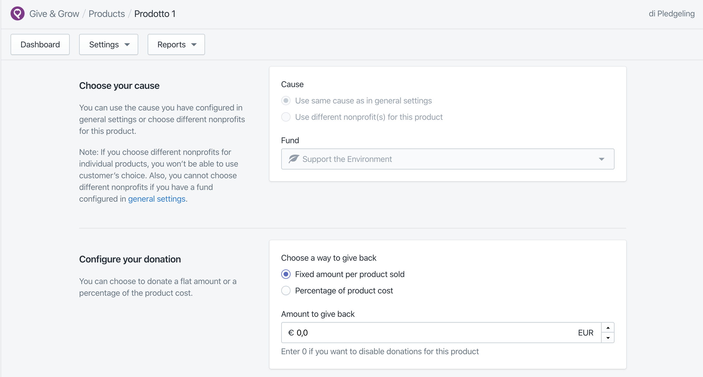 Admin panel of the Shopify App Give&Grow showing how to pick a cause and the different options for donating