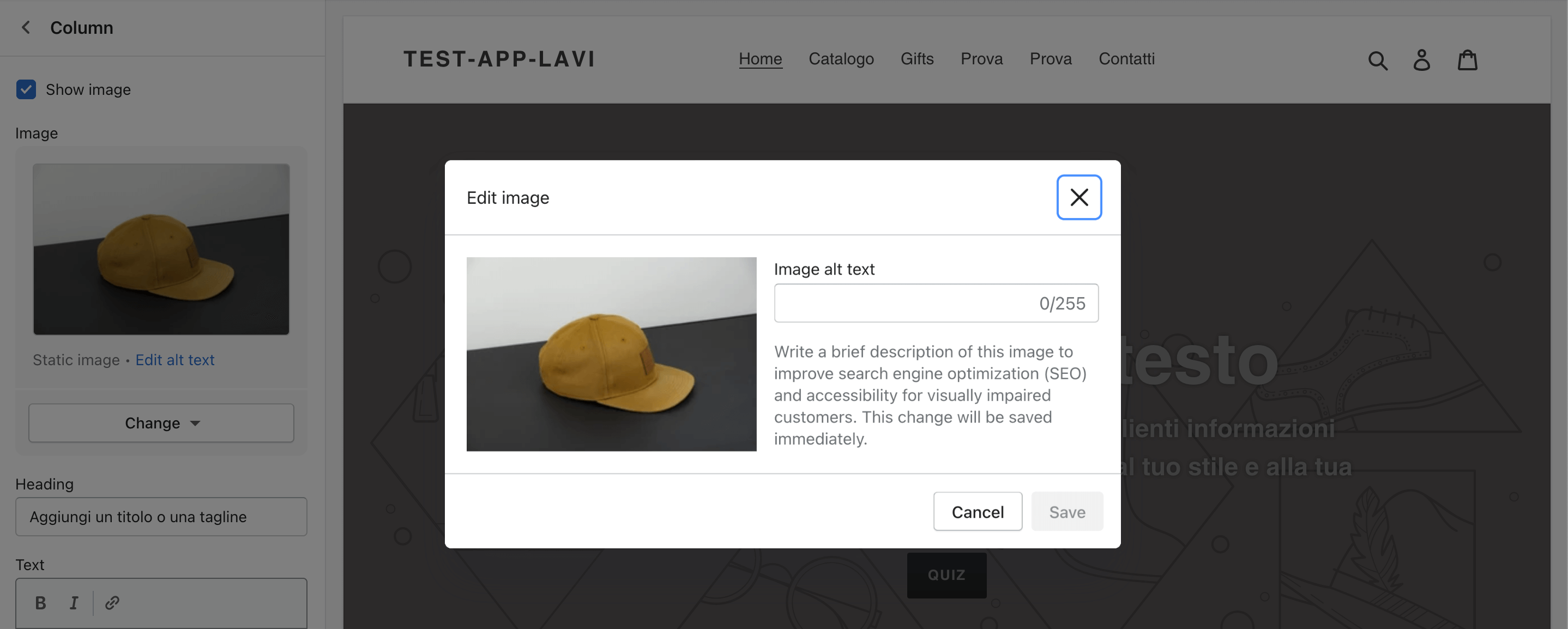 Screenshot showing the space to fill in the alt text on the Shopify theme editor