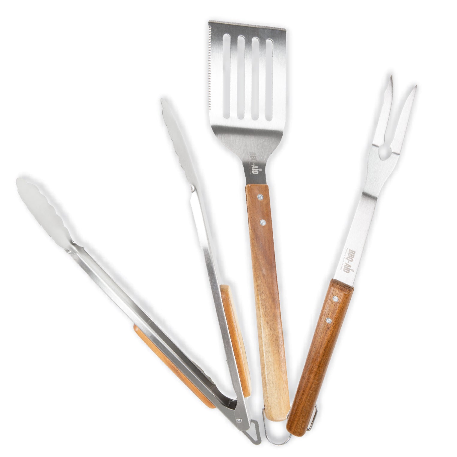  BBQ-AID 3 Piece Grill Set BBQ Accessories - Kitchen Tongs,  Metal Spatula & Fork Utensils - Heavy Duty Stainless Steel Barbecue Grill  Utensils for Outdoor Grill with Solid Sturdy Wood