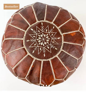 Round Leather Moroccan Pouf (Chestnut)