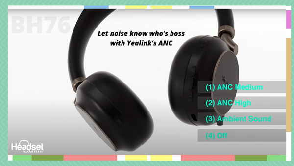 an image of a yealink bh76 wireless headset with text that states the 4 stages of active noise cancellation feeature on the headset