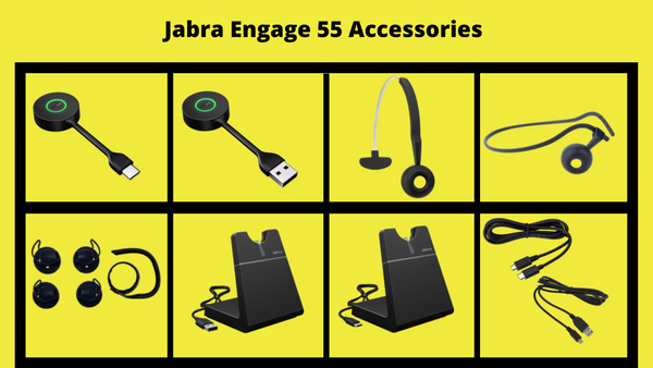 a grid with images of the different Jabra Engage 55 accessories. There's a yellow background