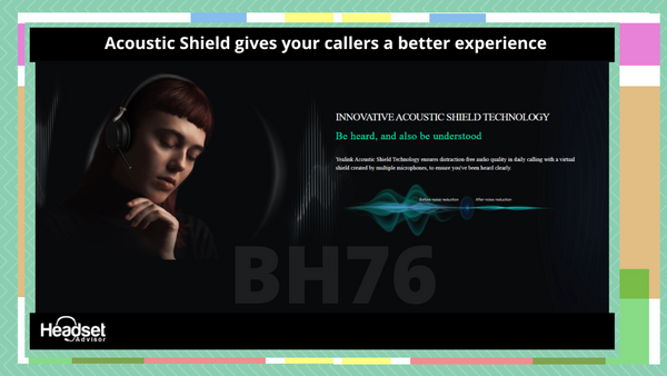 woman wearing a yealink bh76 wireless headsets with eyes closed. Animated sound waves, and text that discusses high level noise reduction.