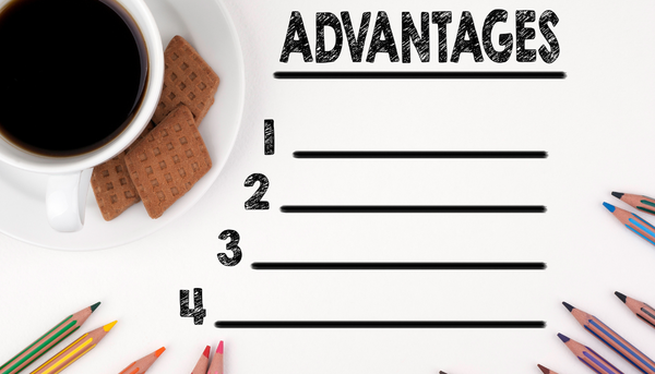 cup of coffee, pencils and text that says "advantages" followed by the numbers 1 through 4