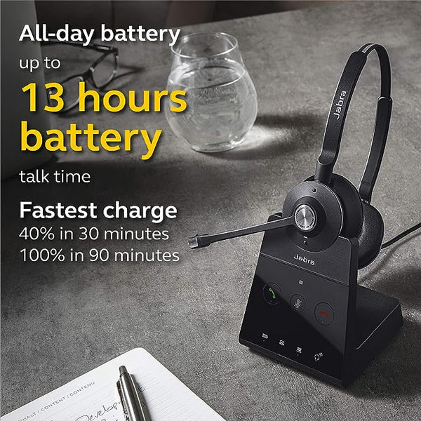 Image of a Jabra Engage 65 stereo headset in the charger on a desktop with text that talks about the battery specifications