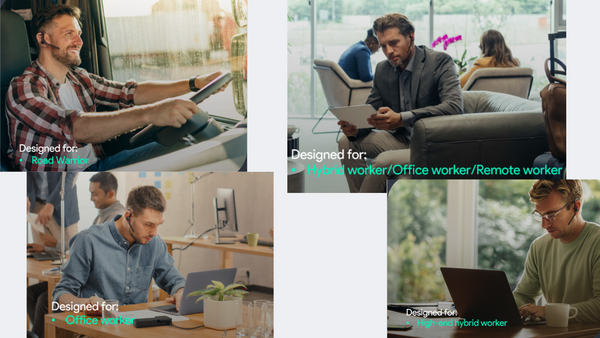 four different images showing different workspaces using the Yealink BH71. Like trucker, office worker, on the go etc.