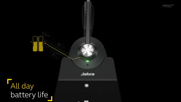 Image of Jabra Engage 65 stereo  in charger, on desk top.