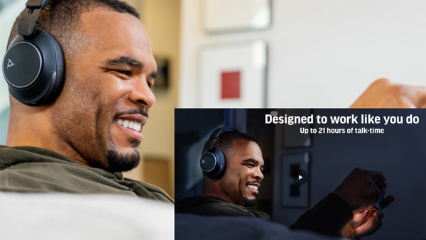man wearing a Poly Surround 80 headset during the day, and same man shown wearing it at night to help illustrate a long battery life