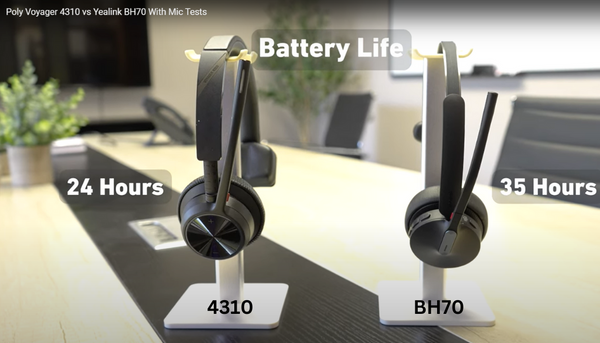 Images of Voyager 4310 and Yealink BH70 headsets with numeric graphic of battery life