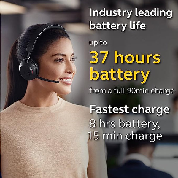 Woman wearing a Jabra Evolve2 65 headset in an office, with the battery specifications imprinted on the image