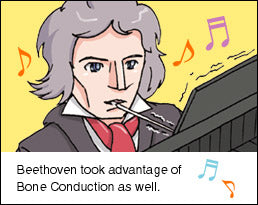 Drawing of Beethoven clenching a rod in his teeth which in turn is connected to hs piano