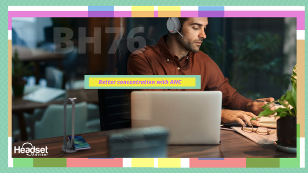 Man sitting at a desk wearing a yealink bh76 headset with text that talks about active noise cancellation