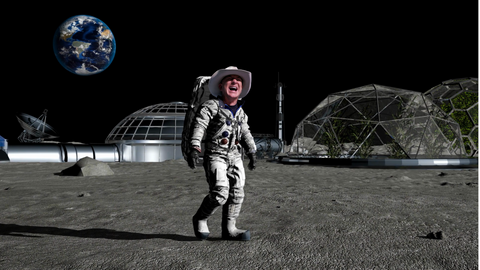 image of Jeff Bezos wearing a cowboy hat and space suit on the moon with the earth in the background