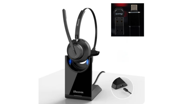 Discover Boomstick Wireless headset shown, along with charging stand and other included accessories