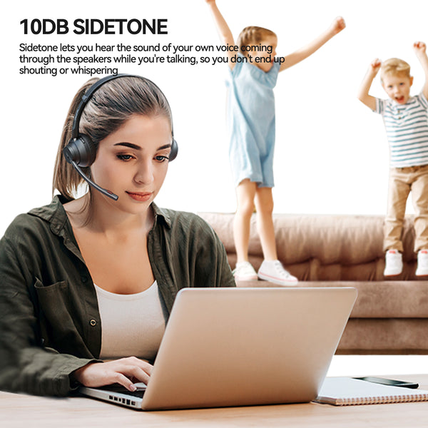woman at computer wearing a Boomstick headset with text that talks about Sidetone