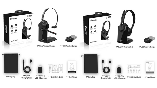 Discover Boomstick wireless mono and duo headset box contents shown