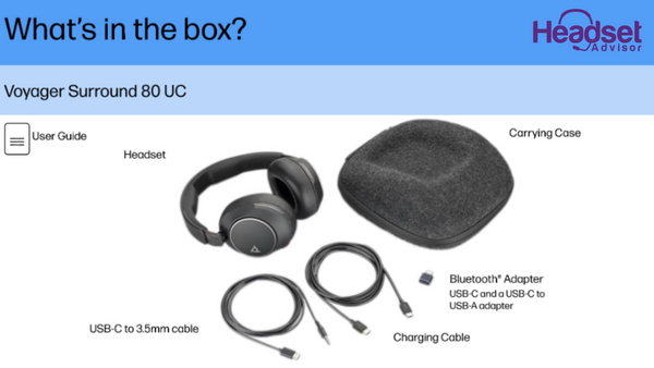 Individual images of what comes in the box when you order a Poly Voyager Surround 80 headset