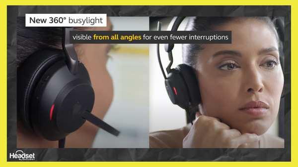 two images, each showing a woman wearing the jabra evolve2 40, with text that talks about the integrated busylights