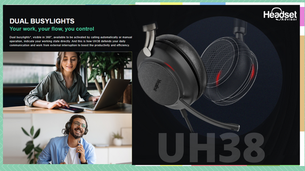 image of yealink uh38 wired usb headset that talks about the busylight feature to help reduce interruptions