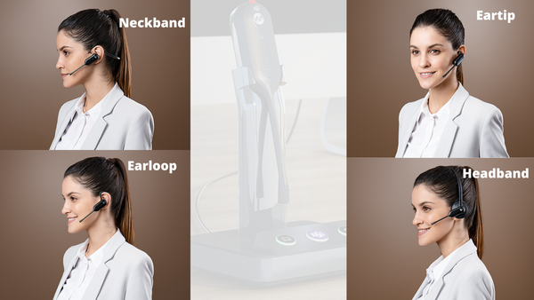 four squares each showing a different headset wearing style; on ear, in the ear, over the head, and behind the neck.