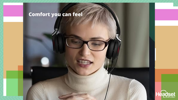 woman wearing a yealink uh 38 headset with text that reads comfort you can feel